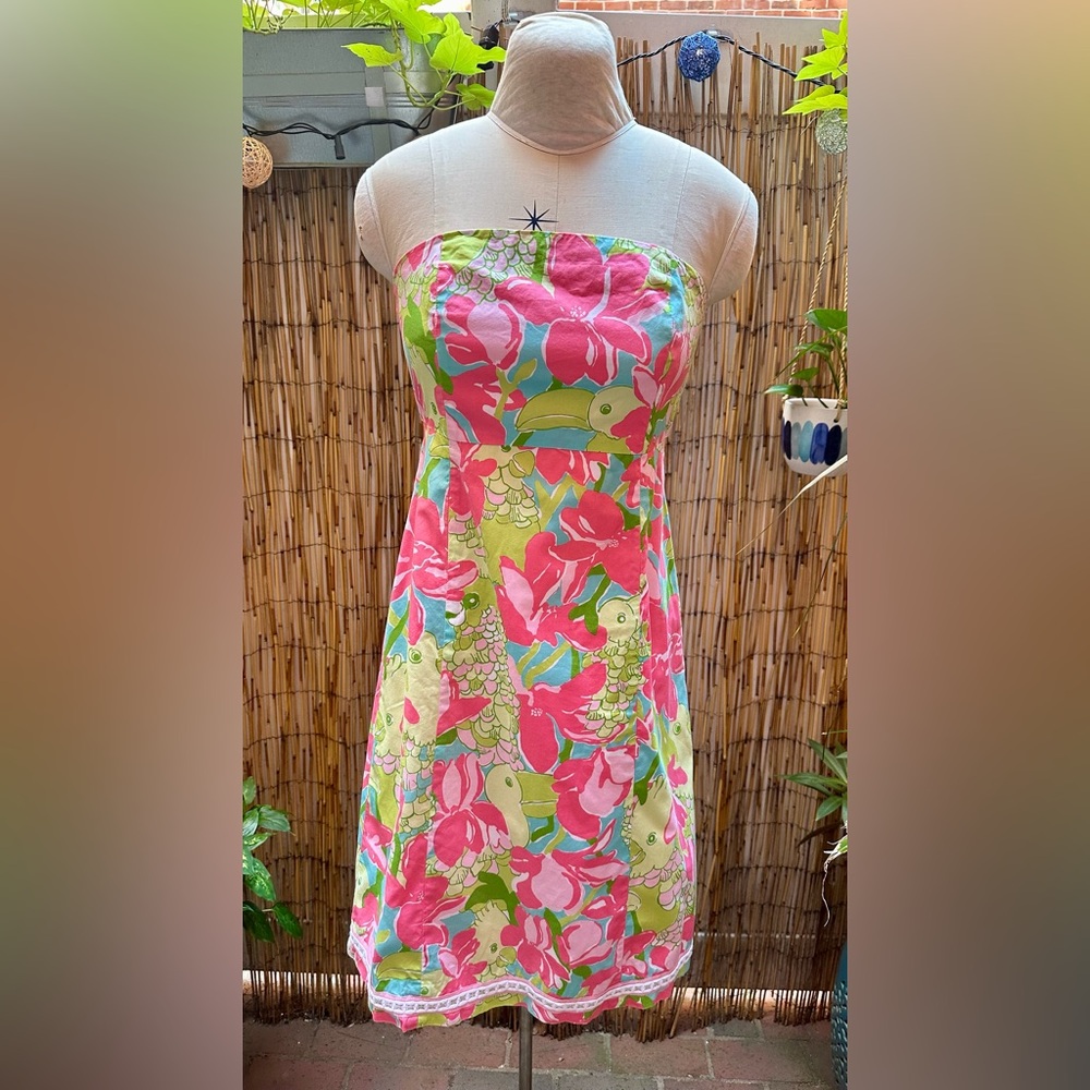 Lilly Pulitzer Strapless Dress, US Size 6, Bird and Flower Pattern